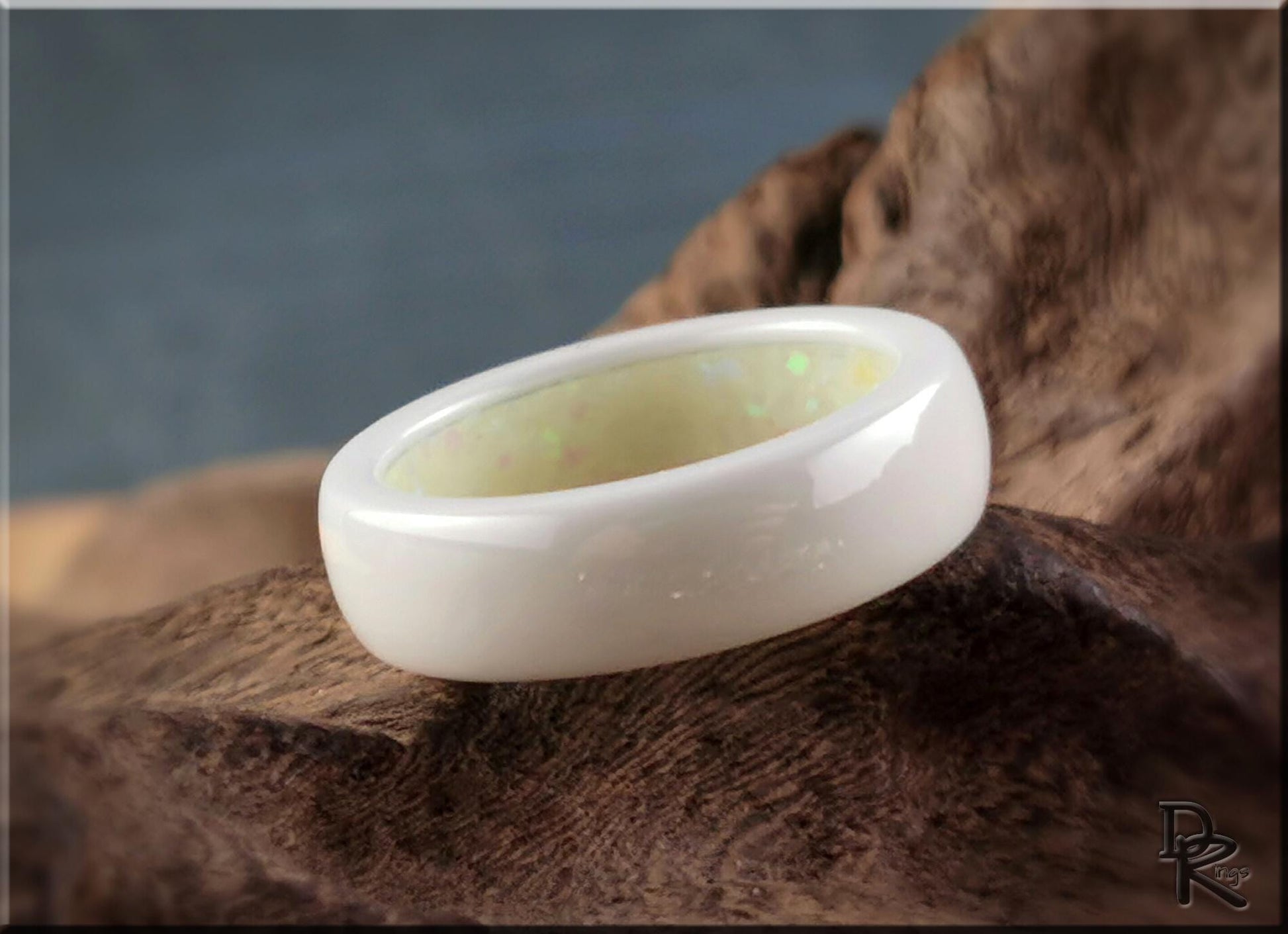 Polished White Ceramic Inner Channel Ring w/Opal and Glow inlay - ceramic ring