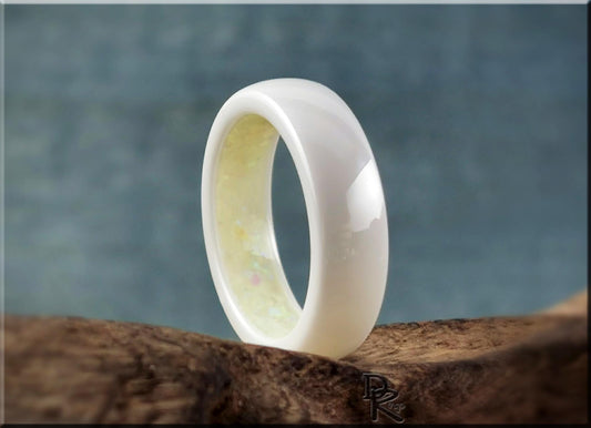 Polished White Ceramic Inner Channel Ring w/Opal and Glow inlay - ceramic ring