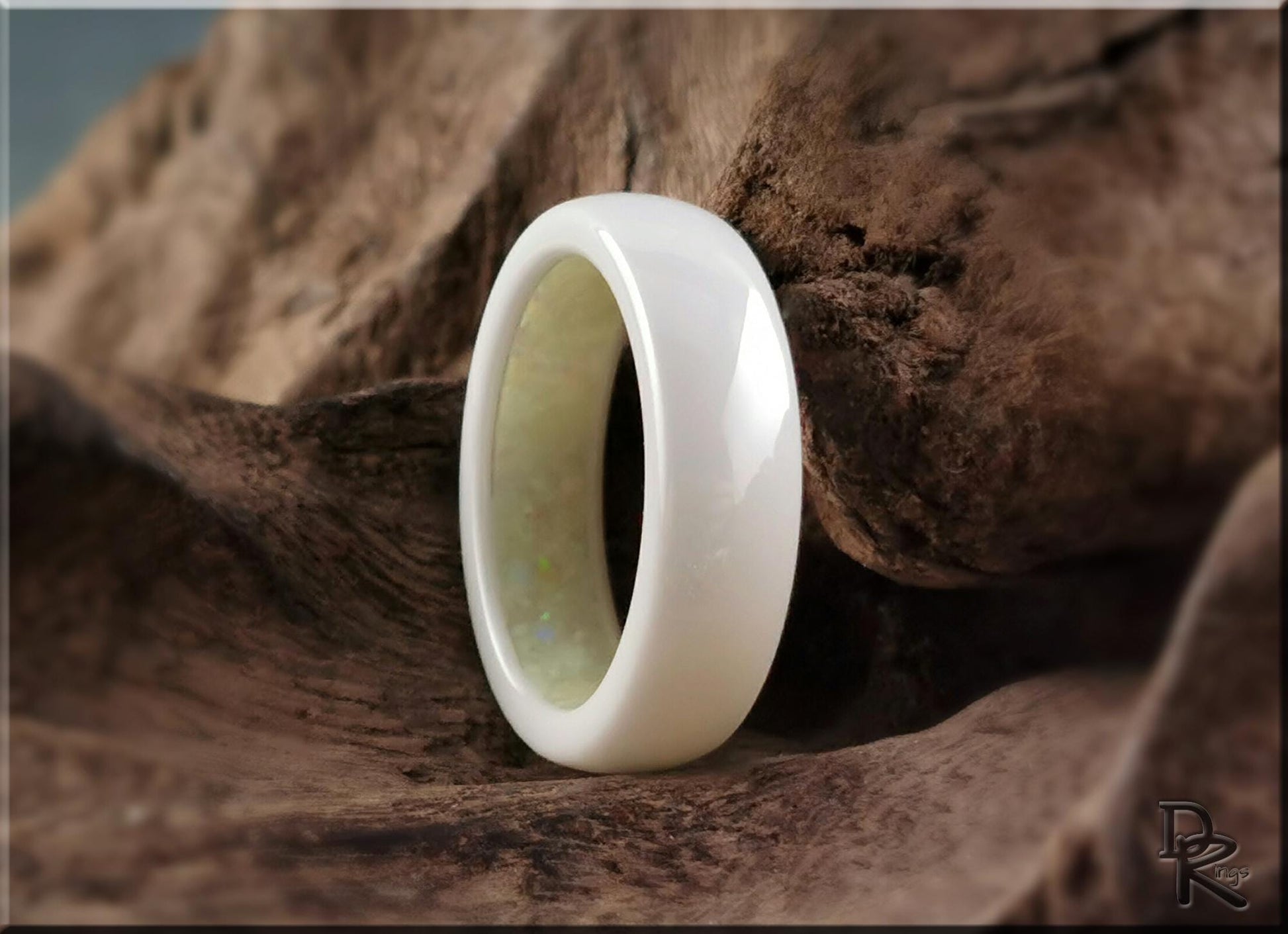 Polished White Ceramic Inner Channel Ring w/Opal and Glow inlay - ceramic ring