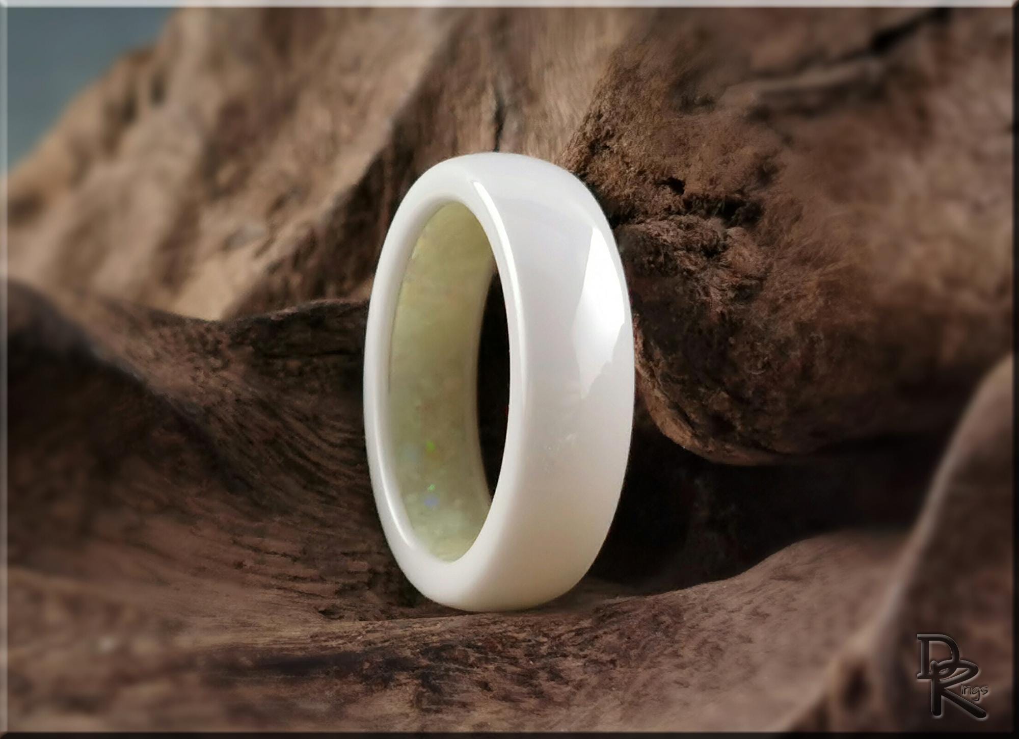 Polished White Ceramic Inner Channel Ring w/Opal and Glow inlay - ceramic ring