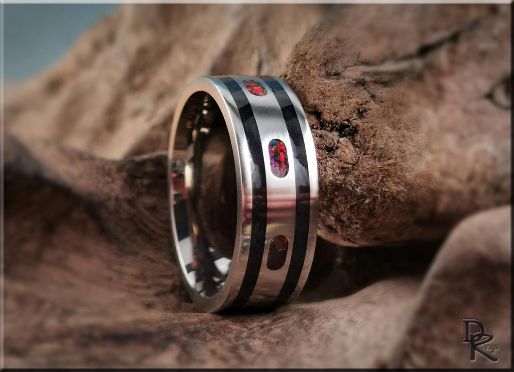 The 'Channel Capsules' Titanium Pattern Ring w/Tourmaline and Opal inlays - metal ring