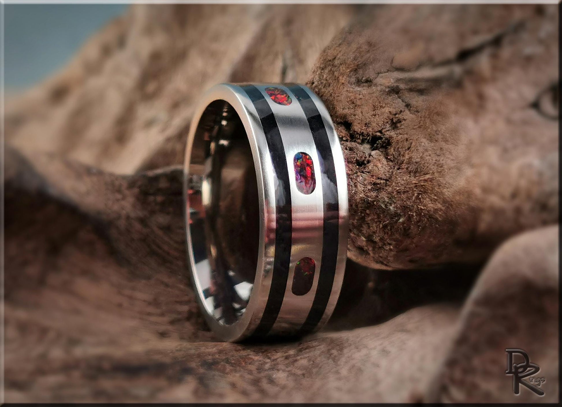 The 'Channel Capsules' Titanium Pattern Ring w/Tourmaline and Opal inlays - metal ring