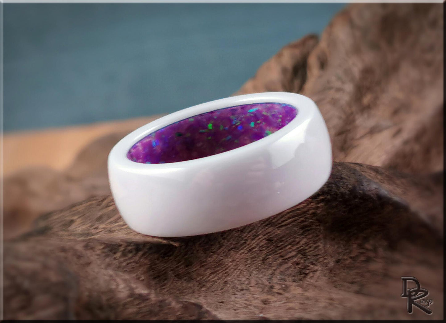 Polished White Ceramic Inner Channel Ring w/Opal inlay - ceramic ring