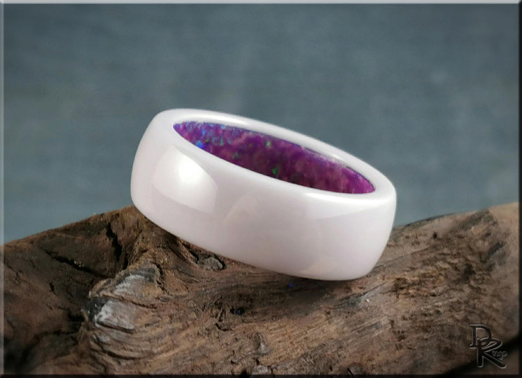 Polished White Ceramic Inner Channel Ring w/Opal inlay - ceramic ring