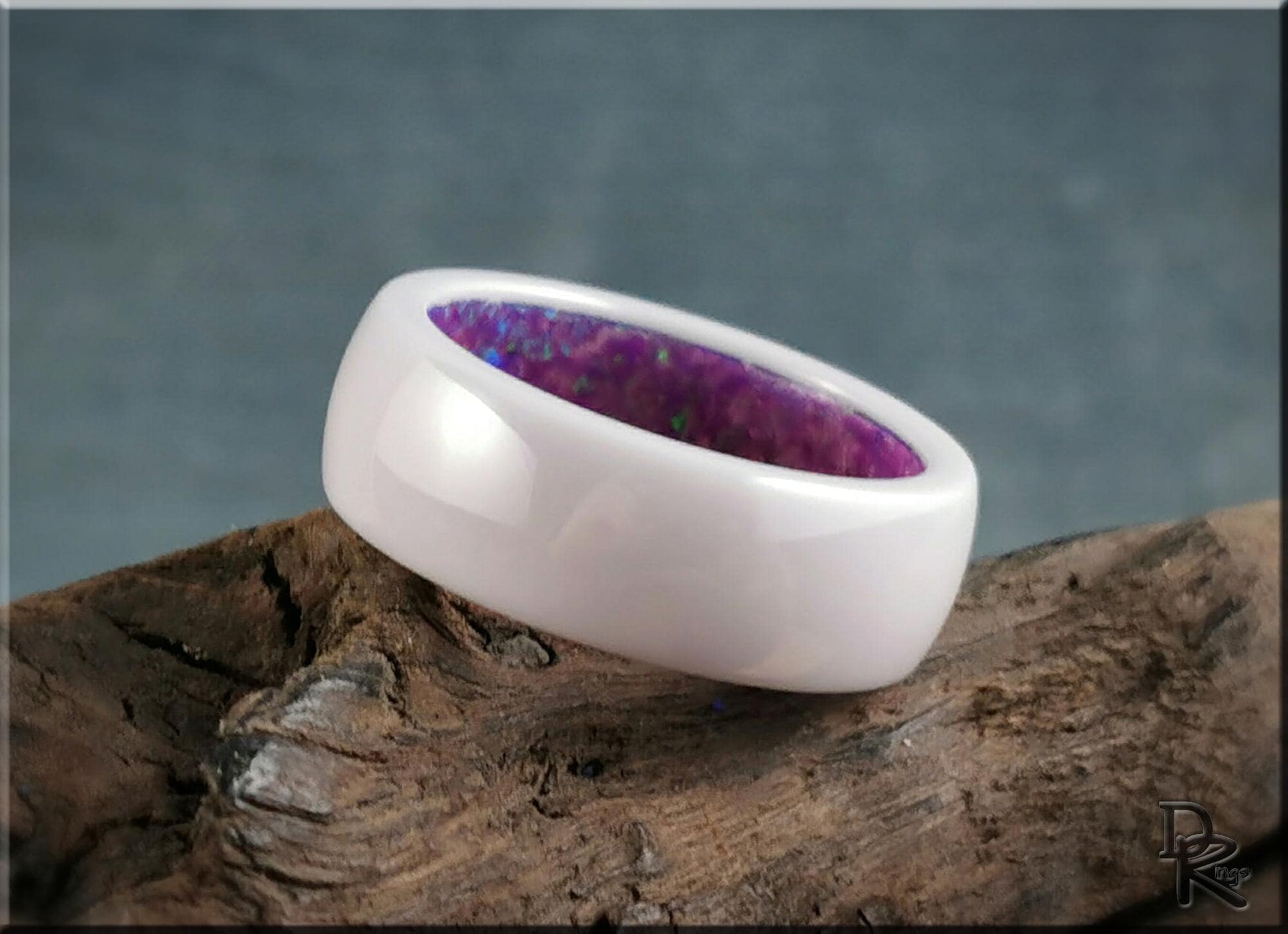 Polished White Ceramic Inner Channel Ring w/Opal inlay - ceramic ring