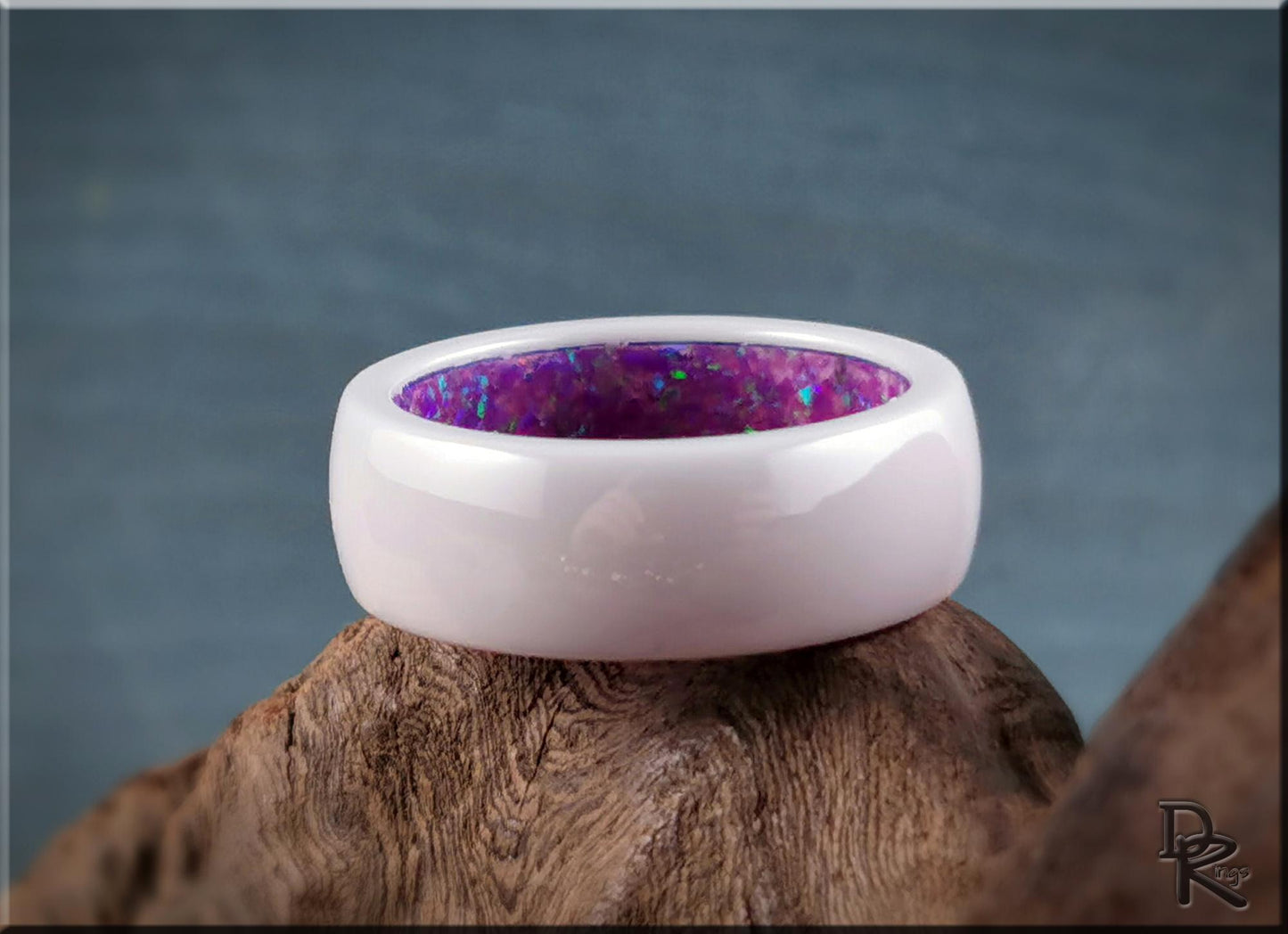 Polished White Ceramic Inner Channel Ring w/Opal inlay - ceramic ring