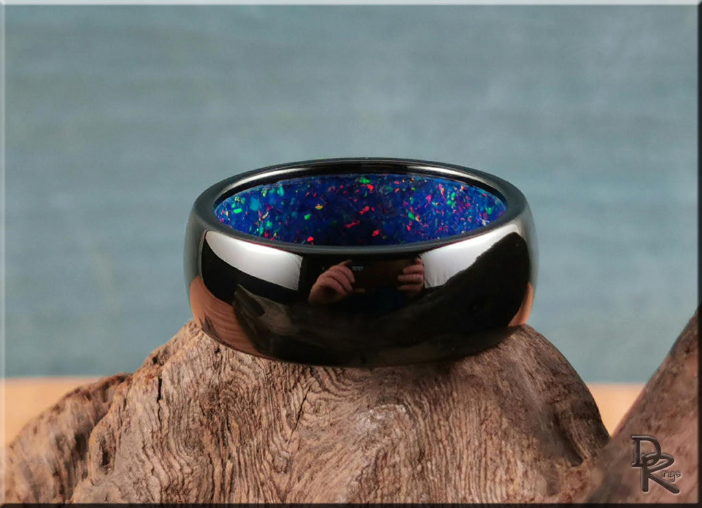 Polished Black Ceramic Inner Channel Ring w/Opal inlay - ceramic ring