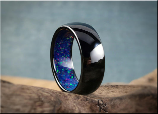 Polished Black Ceramic Inner Channel Ring w/Opal inlay - ceramic ring