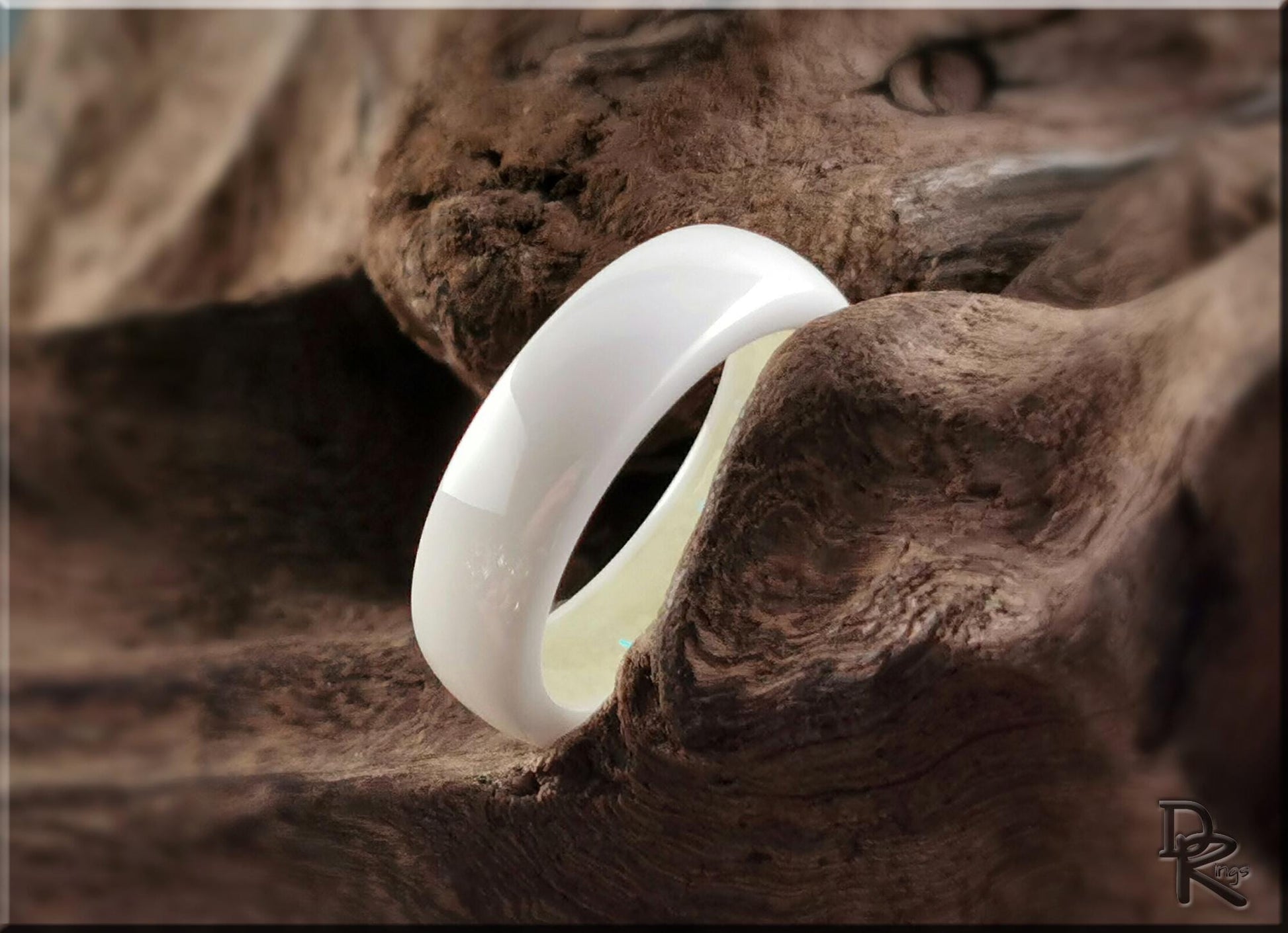 Polished White Ceramic Inner Channel Ring w/Opal and Glow inlay - ceramic ring