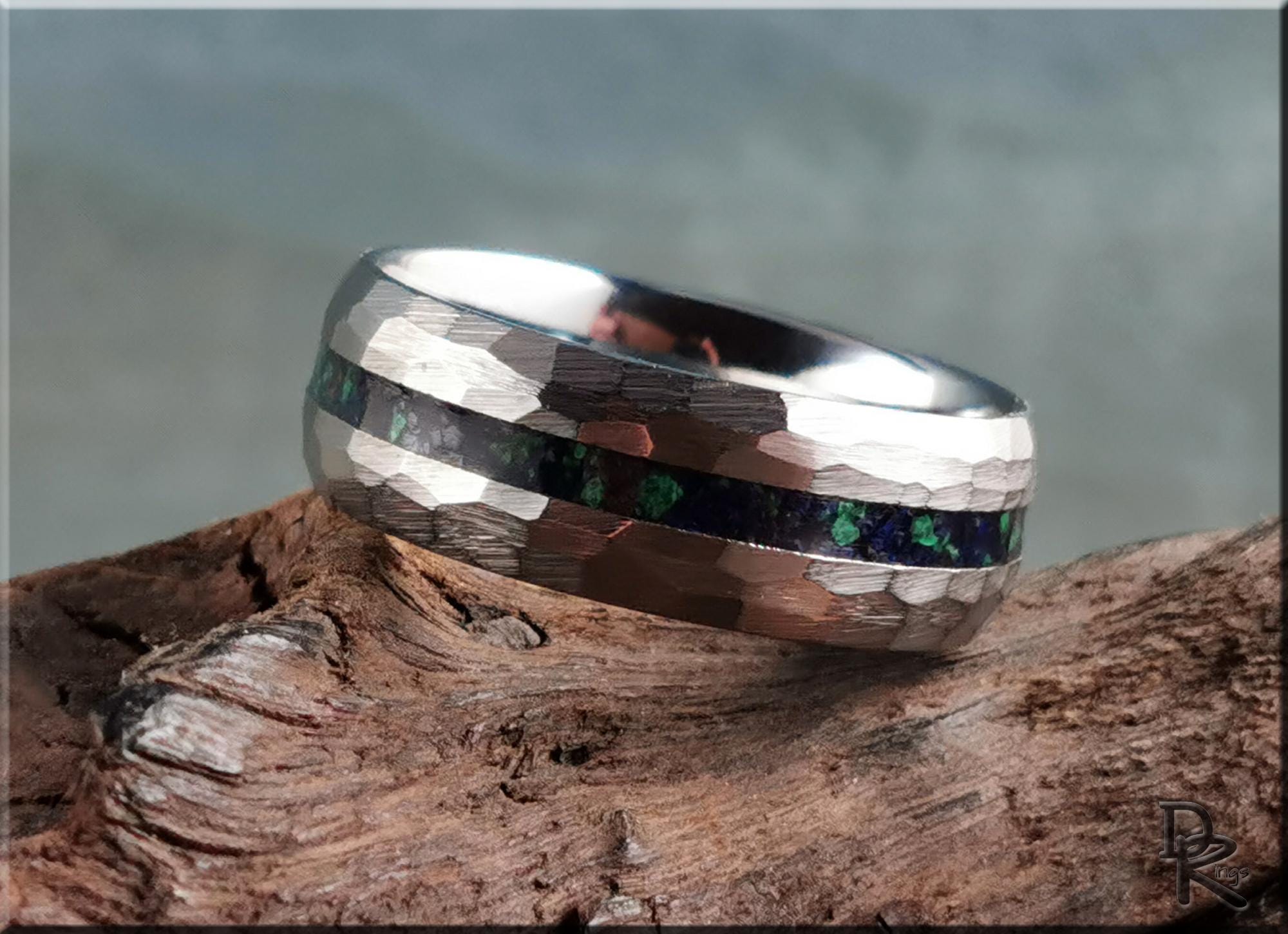 Hammered Tungsten Carbide Channel Ring w/Azurite-Malachite inlay - metal ring