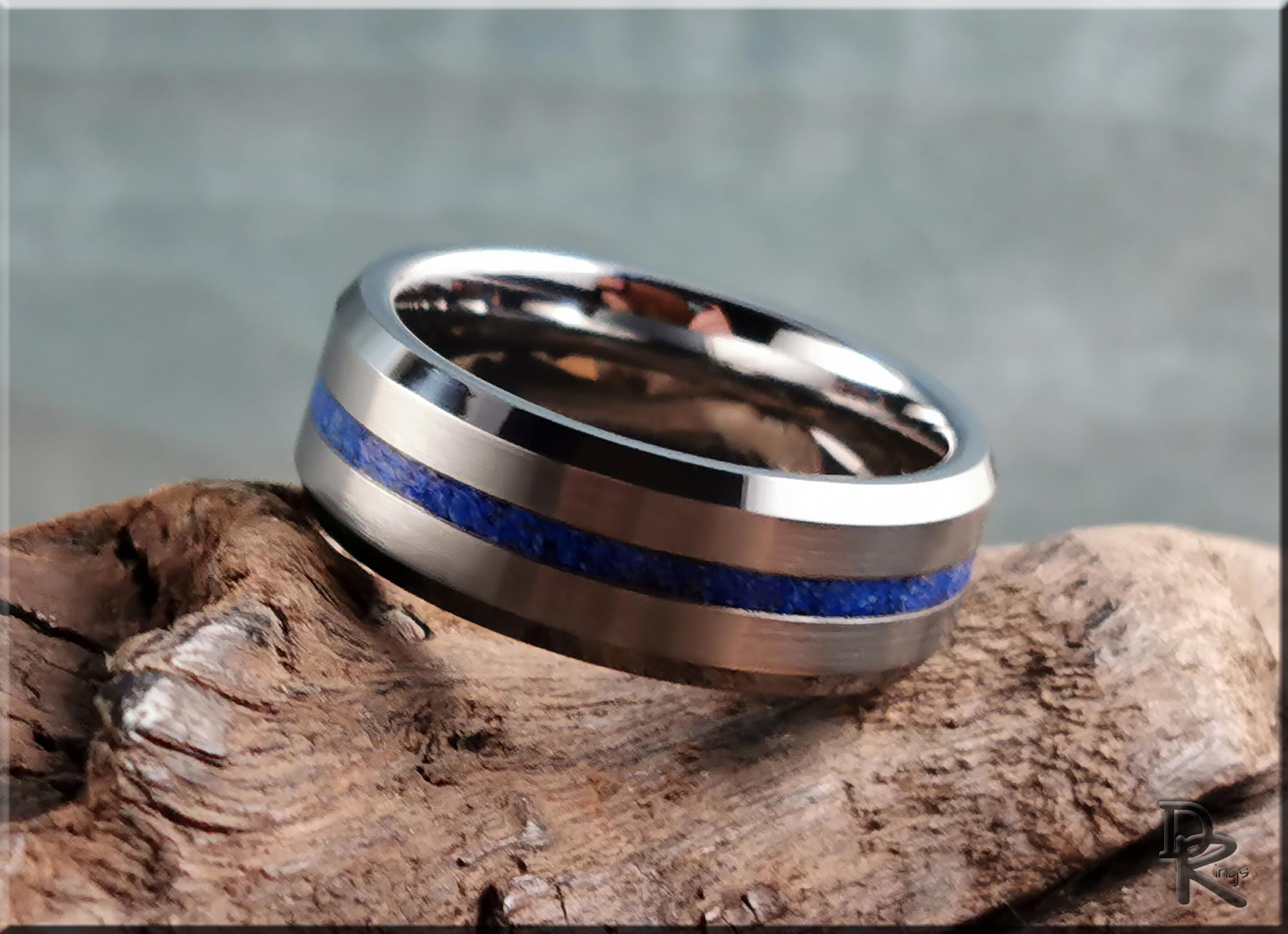 Thin Line Tungsten Carbide Channel Ring w/Lapis Lazuli inlay - metal ring