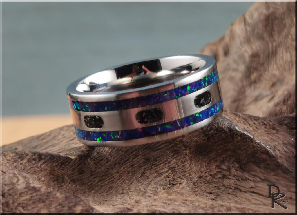 The Titanium Capsule Ring w/Meteorite and Opal inlays - metal ring