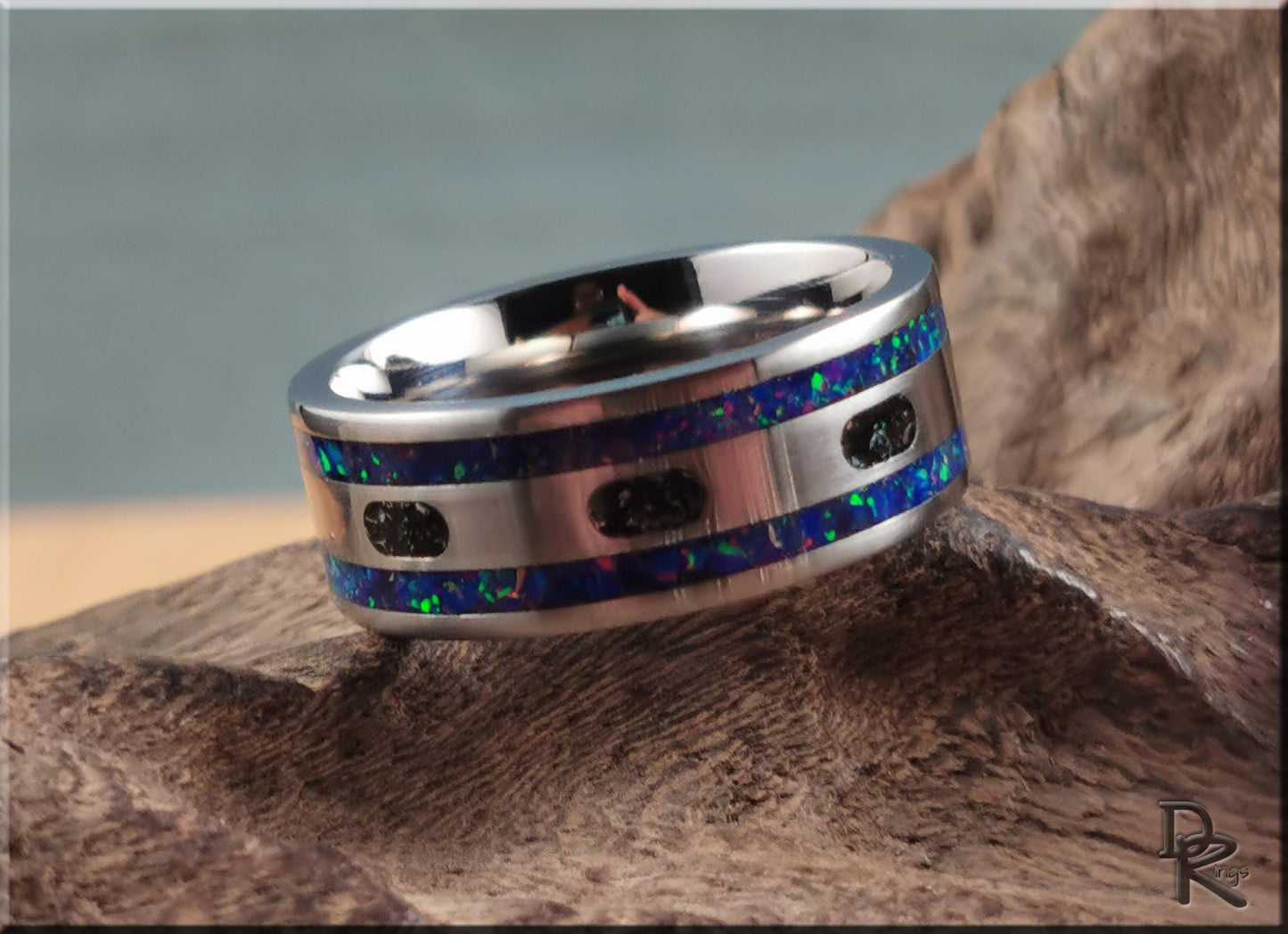 The Titanium Capsule Ring w/Meteorite and Opal inlays - metal ring