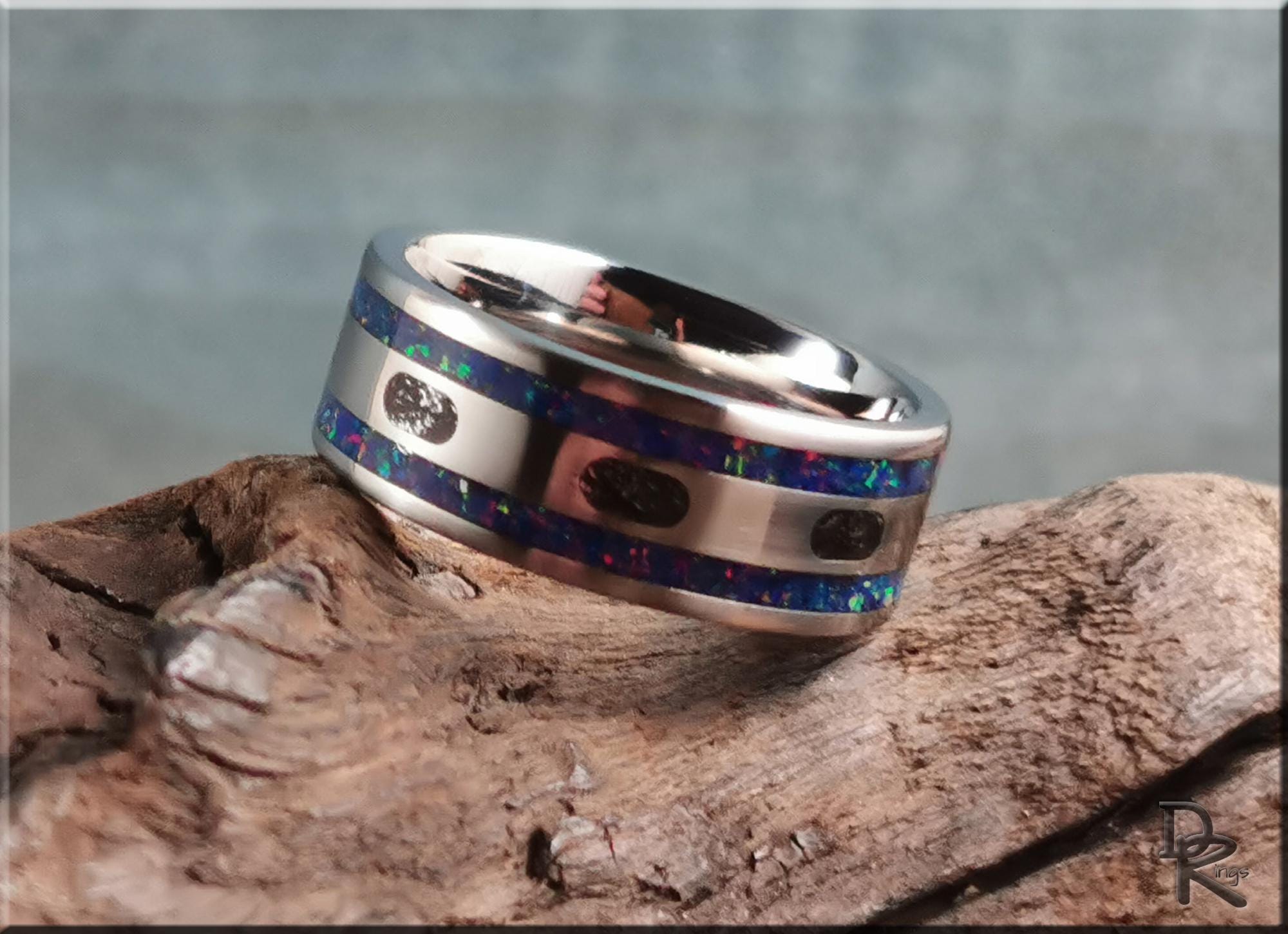The Titanium Capsule Ring w/Meteorite and Opal inlays - metal ring