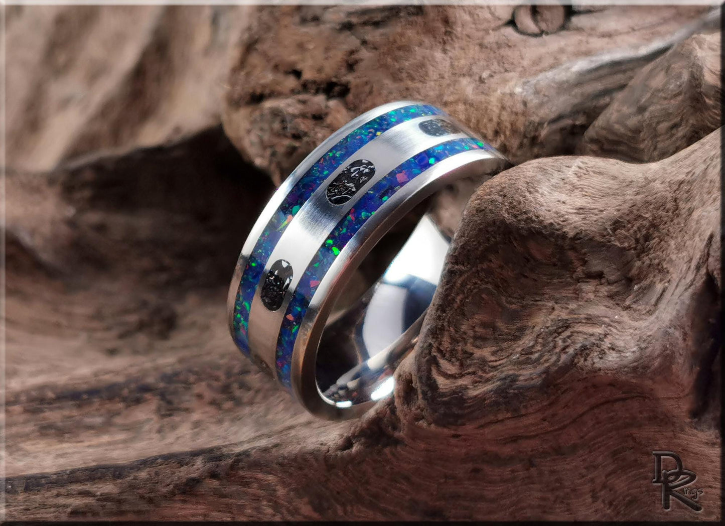The Titanium Capsule Ring w/Meteorite and Opal inlays - metal ring