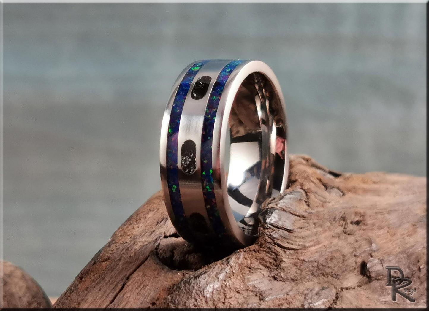 The Titanium Capsule Ring w/Meteorite and Opal inlays - metal ring