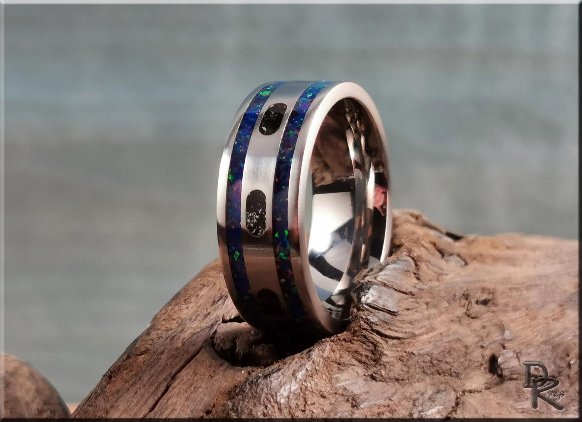 The Titanium Capsule Ring w/Meteorite and Opal inlays - metal ring