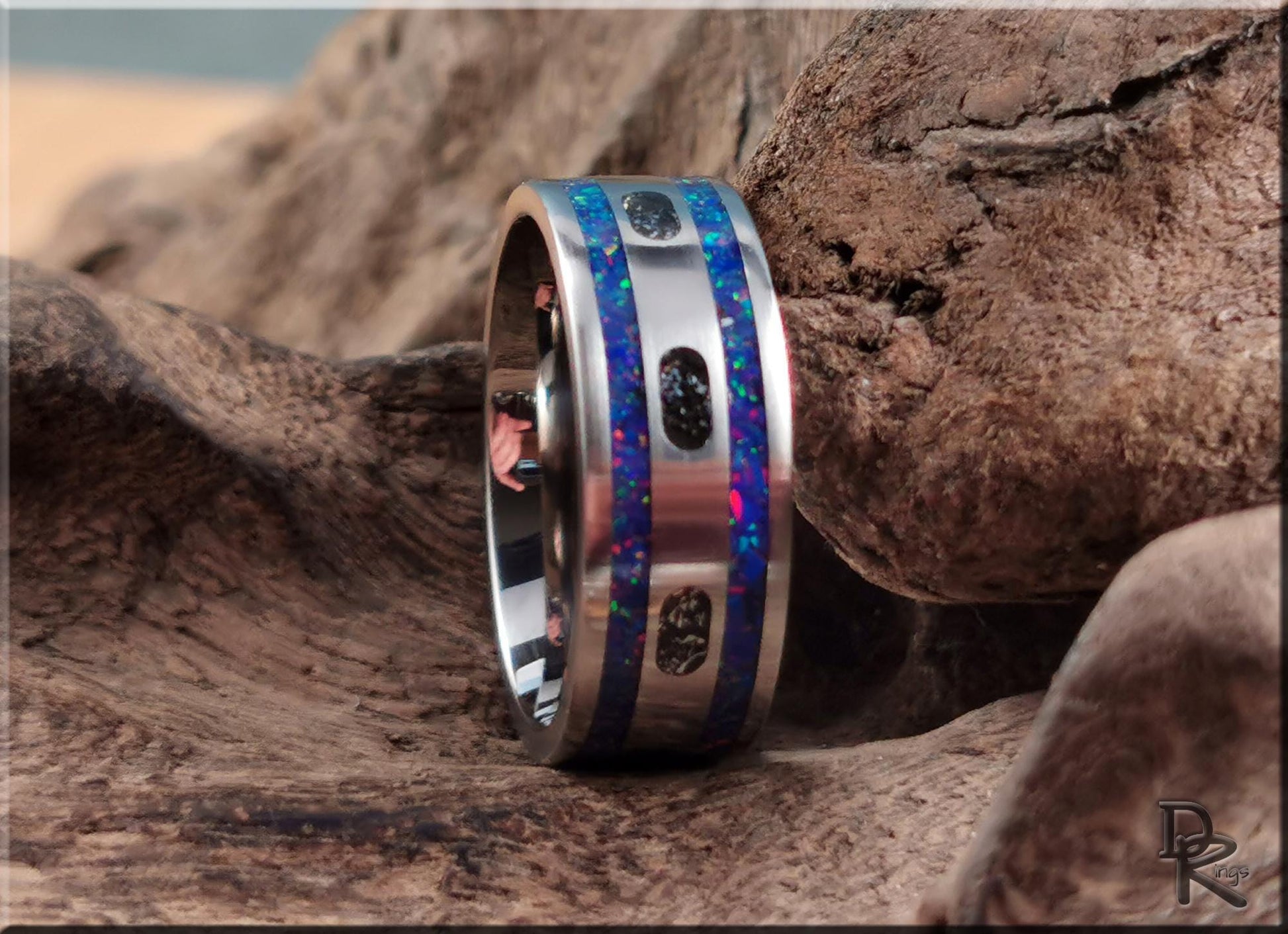 The Titanium Capsule Ring w/Meteorite and Opal inlays - metal ring