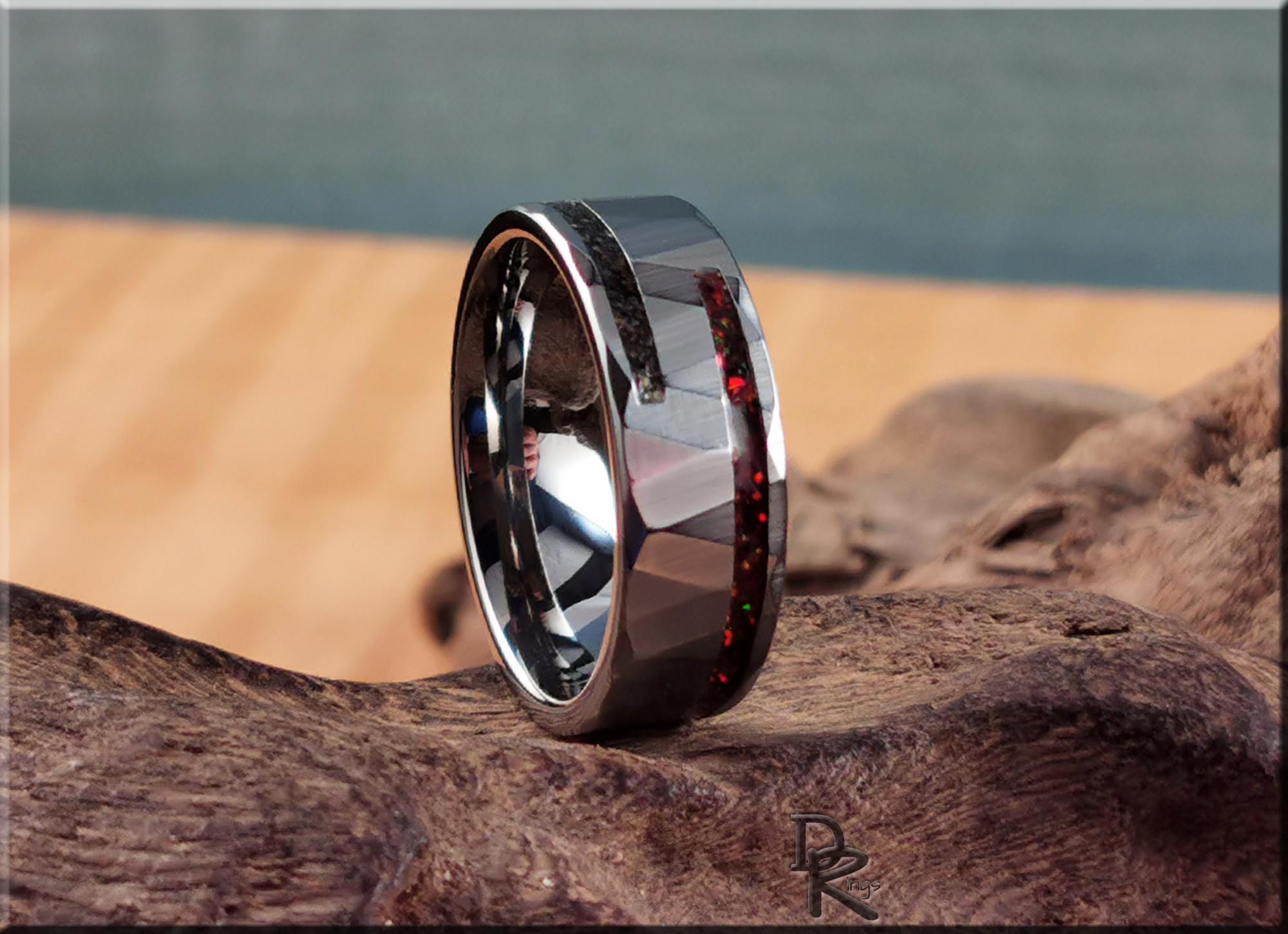Hammered Tungsten Carbide Channel Ring w/Offset Split Exotic Sand and Opal inlays - metal ring