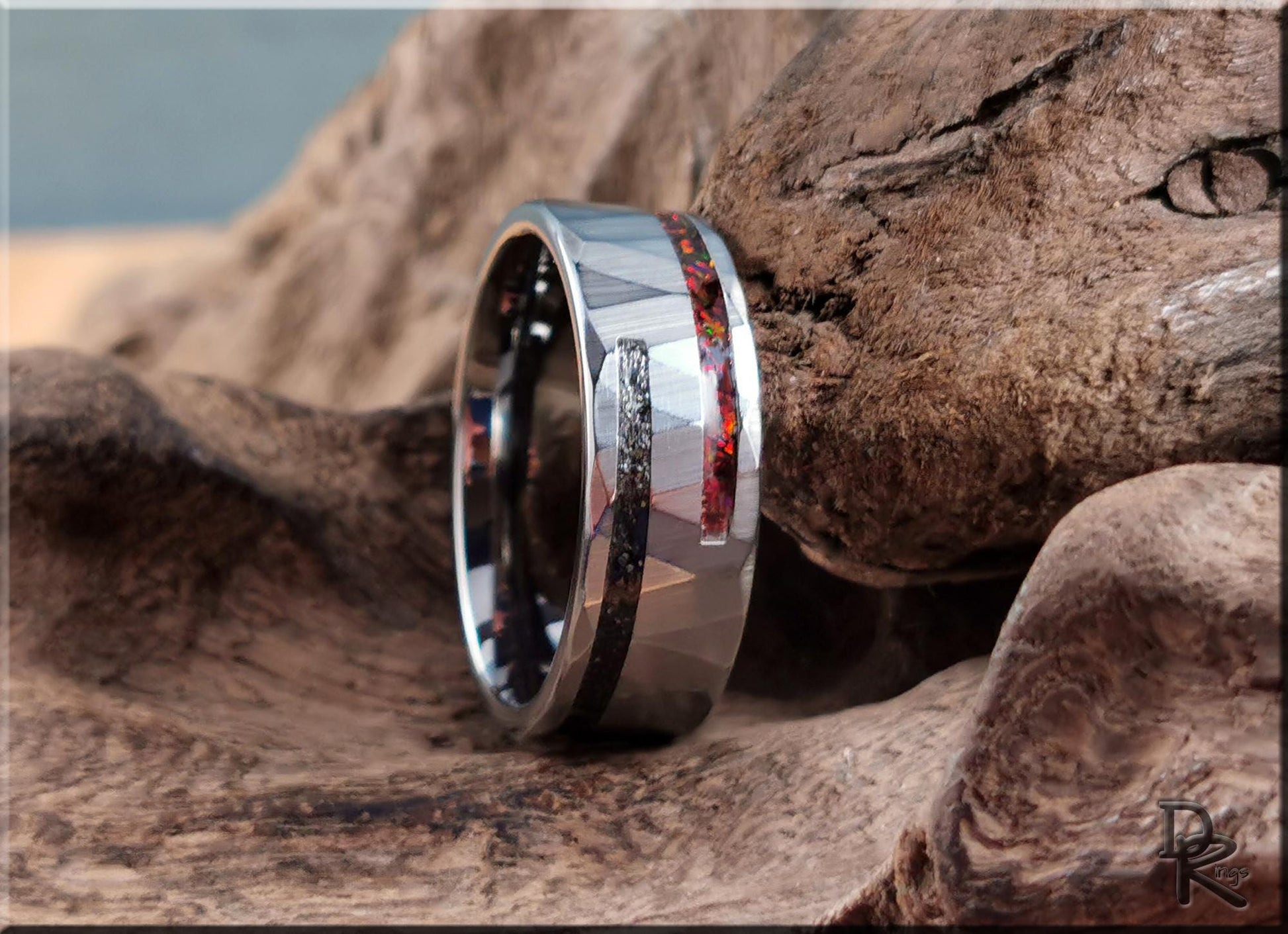Hammered Tungsten Carbide Channel Ring w/Offset Split Exotic Sand and Opal inlays - metal ring
