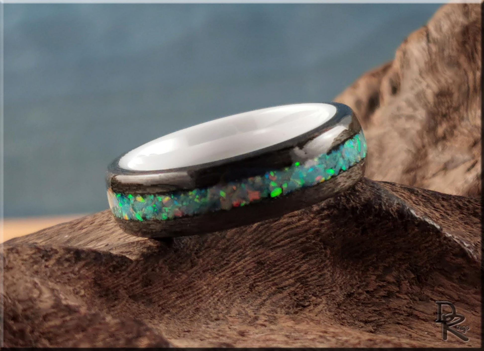 Bentwood Ring - Grey Sycamore w/Fire Turquoise Opal inlay, on polished white ceramic ring core - wood ring