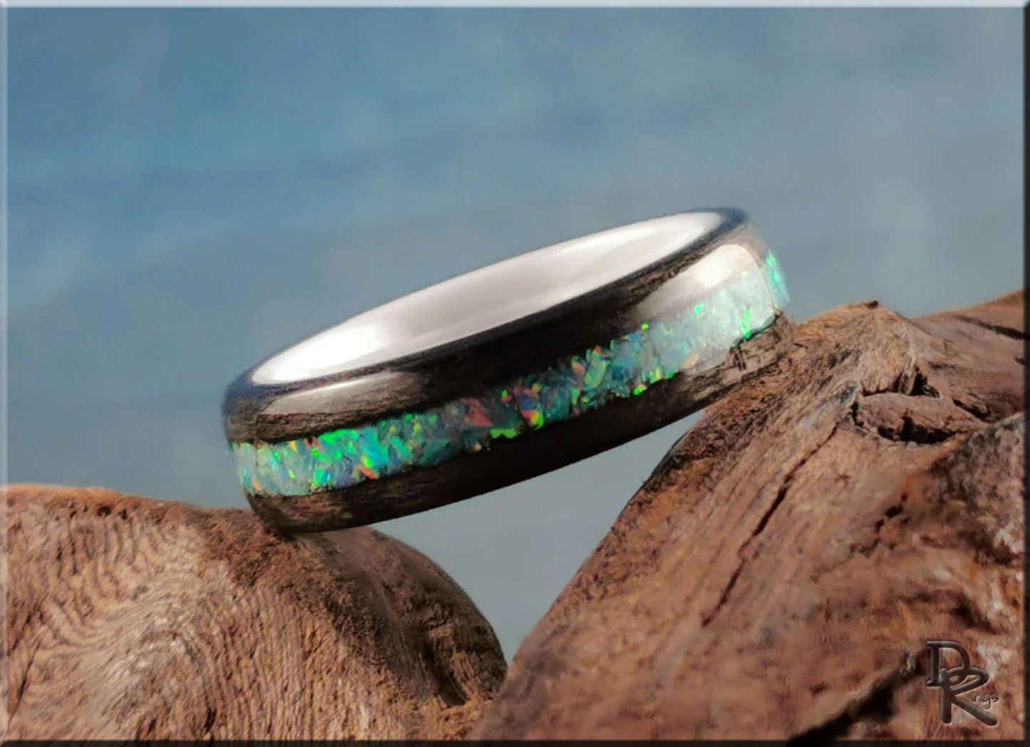 Bentwood Ring - Grey Sycamore w/Fire Turquoise Opal inlay, on polished white ceramic ring core - wood ring