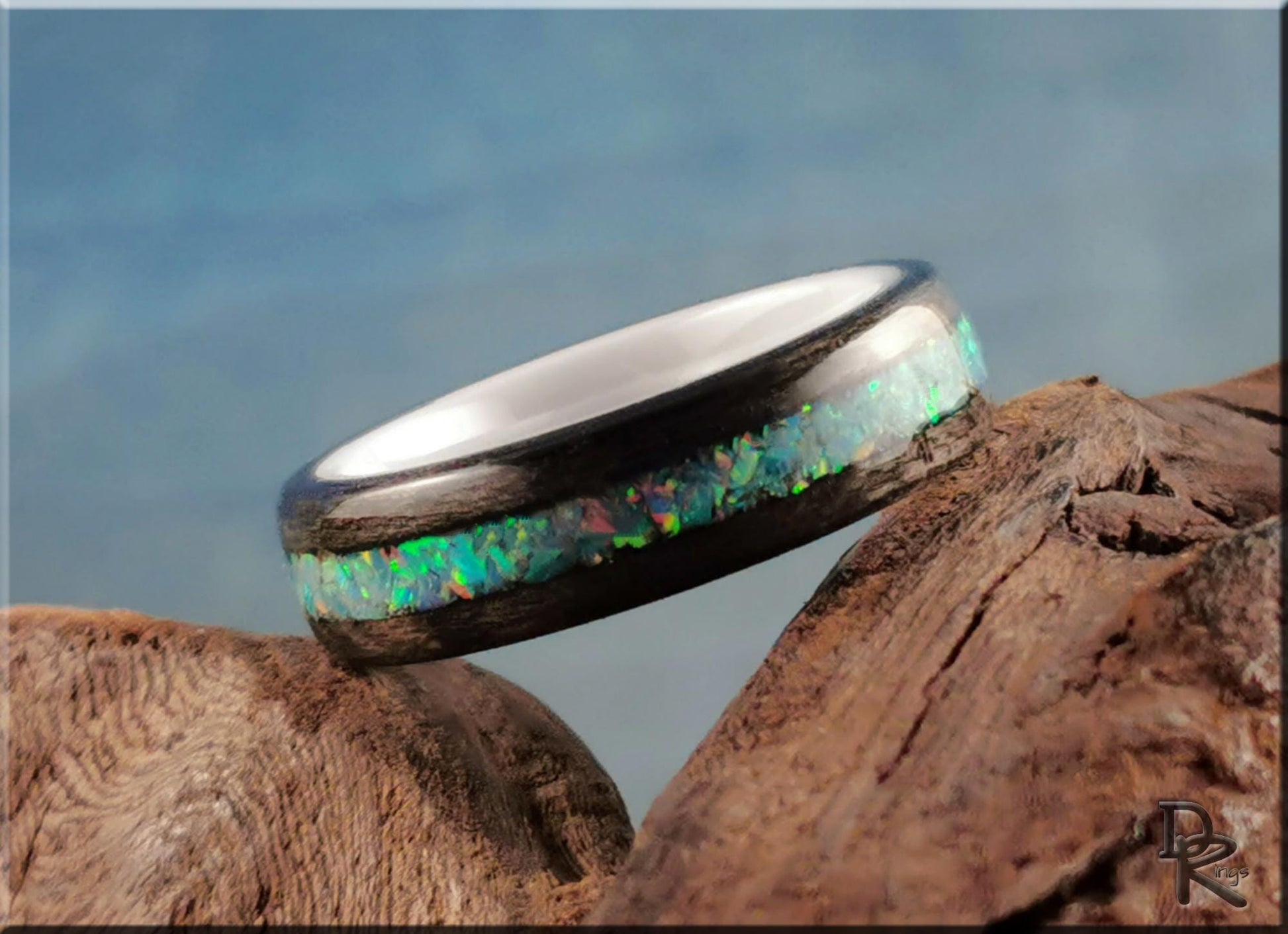 Bentwood Ring - Grey Sycamore w/Fire Turquoise Opal inlay, on polished white ceramic ring core - wood ring