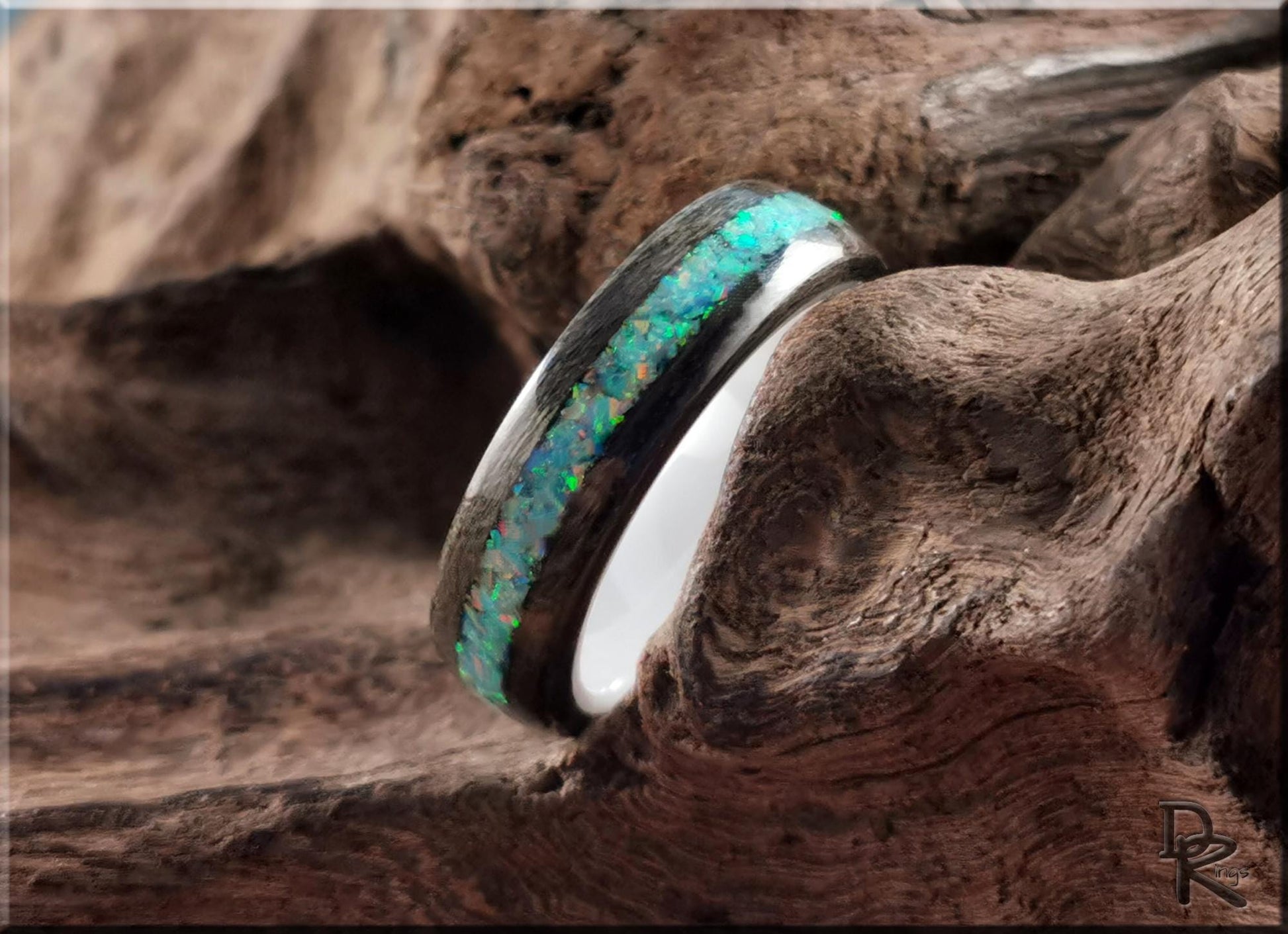 Bentwood Ring - Grey Sycamore w/Fire Turquoise Opal inlay, on polished white ceramic ring core - wood ring