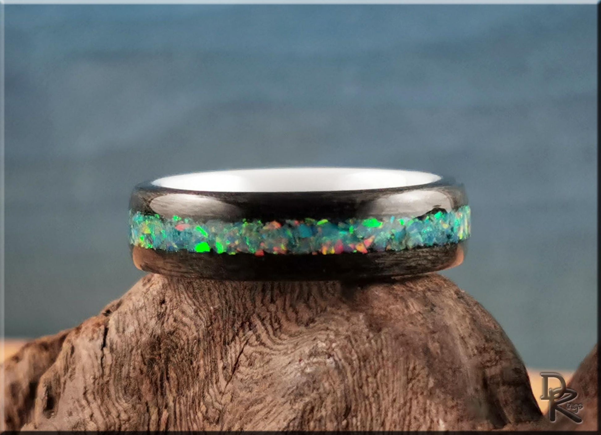 Bentwood Ring - Grey Sycamore w/Fire Turquoise Opal inlay, on polished white ceramic ring core - wood ring