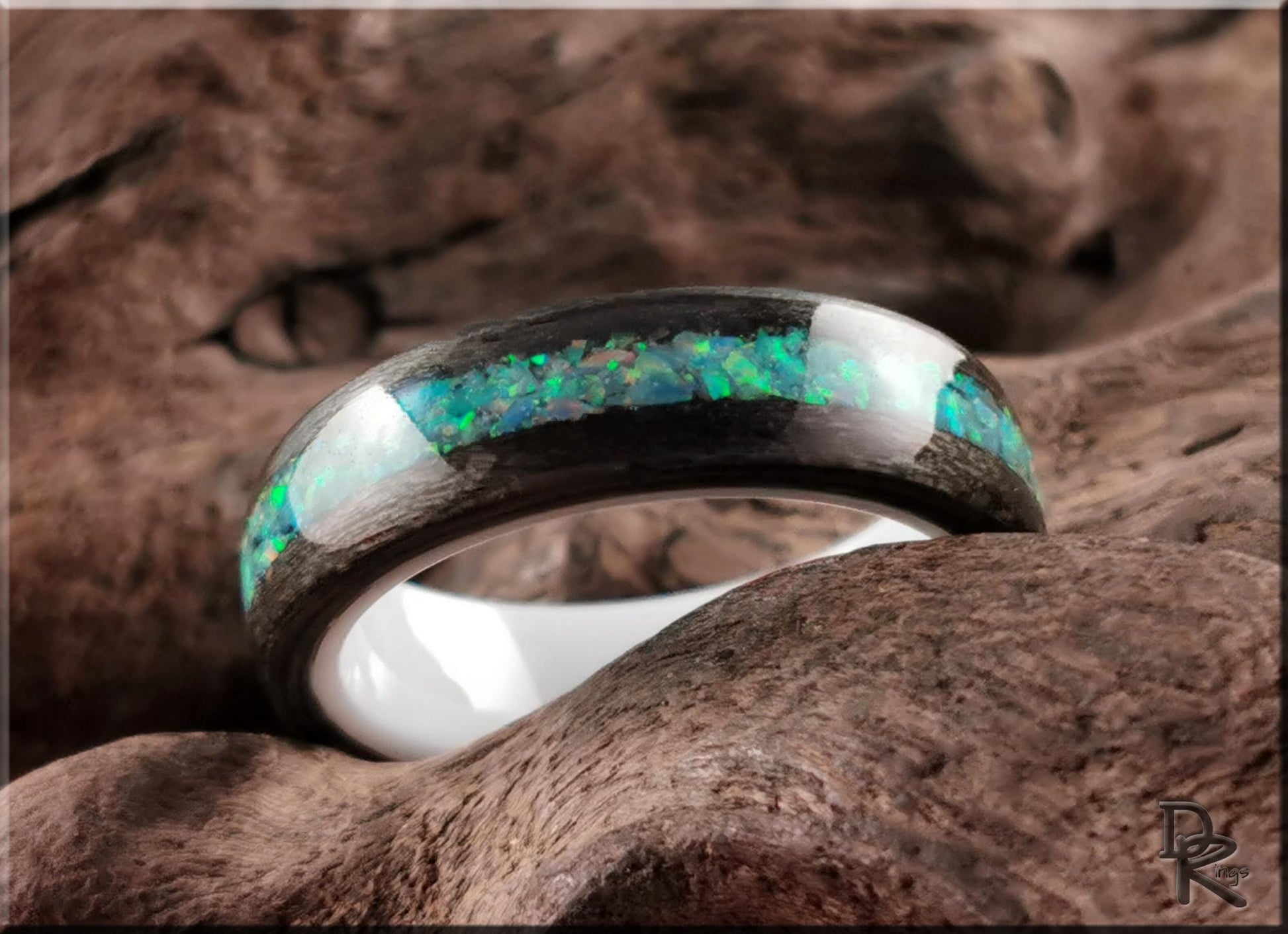 Bentwood Ring - Grey Sycamore w/Fire Turquoise Opal inlay, on polished white ceramic ring core - wood ring