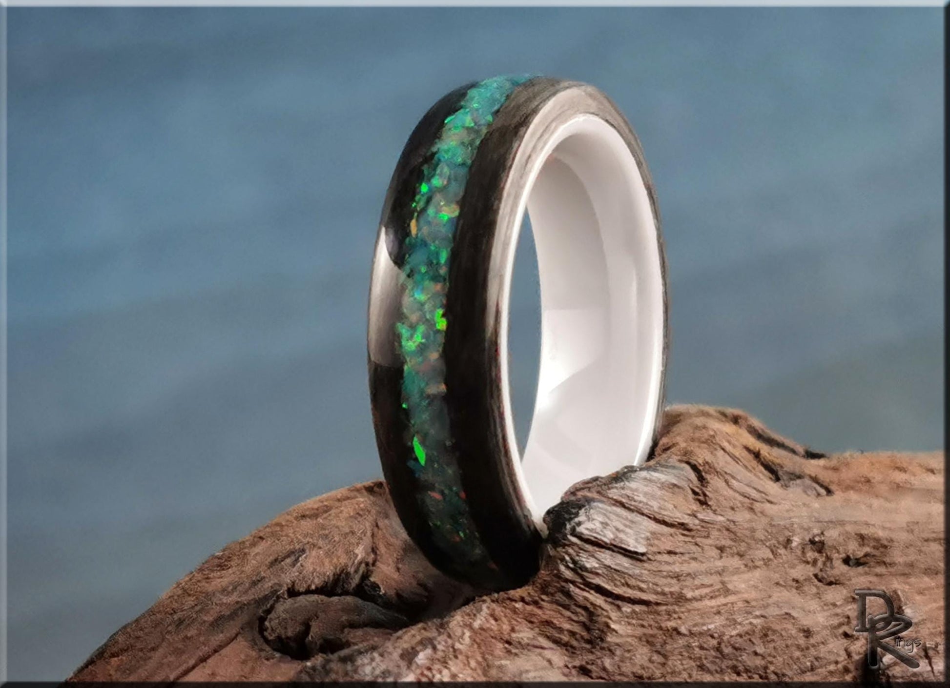 Bentwood Ring - Grey Sycamore w/Fire Turquoise Opal inlay, on polished white ceramic ring core - wood ring