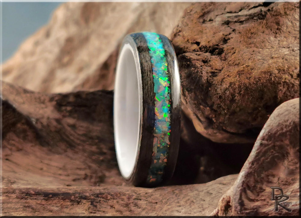 Bentwood Ring - Grey Sycamore w/Fire Turquoise Opal inlay, on polished white ceramic ring core - wood ring
