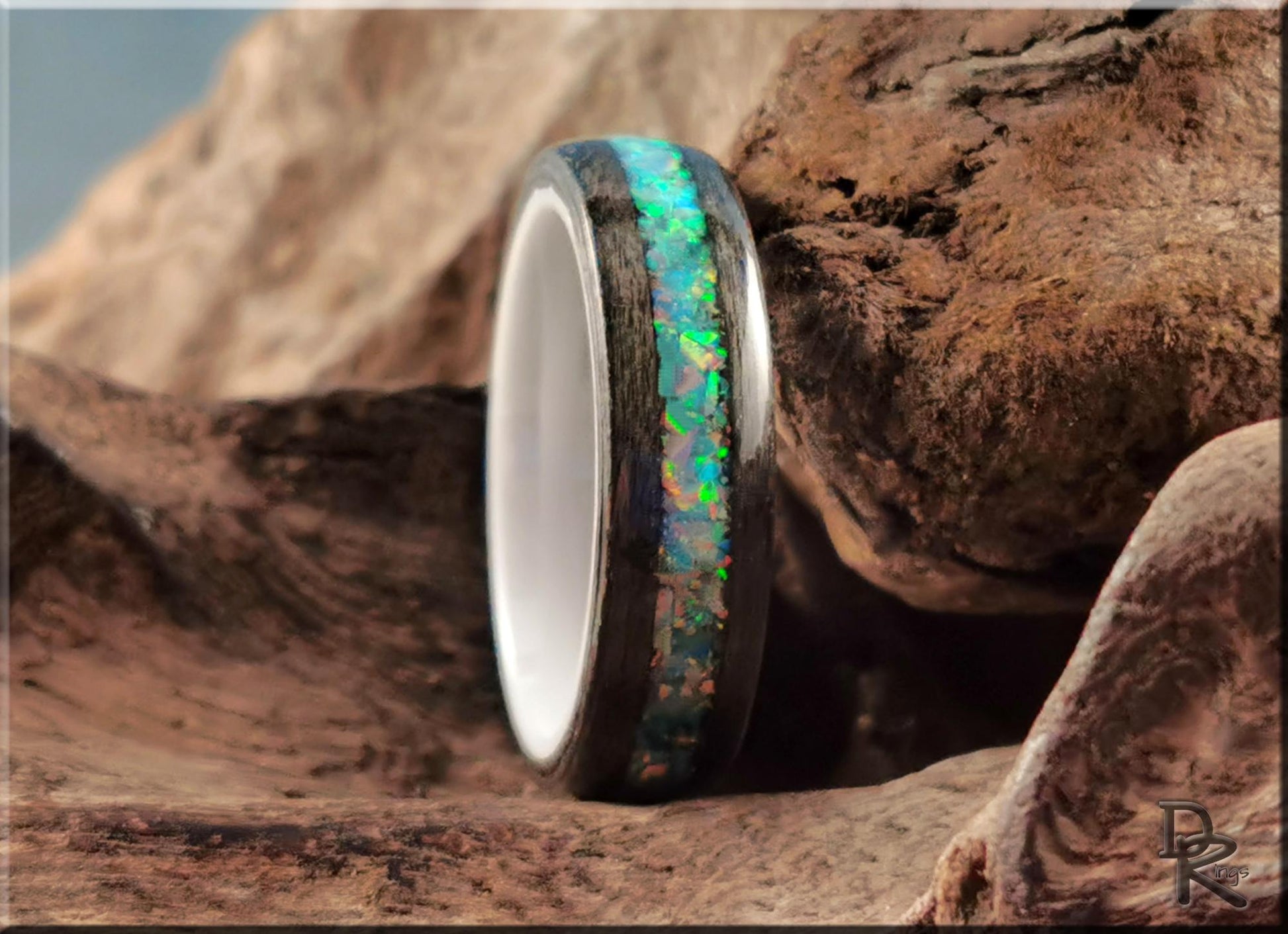 Bentwood Ring - Grey Sycamore w/Fire Turquoise Opal inlay, on polished white ceramic ring core - wood ring