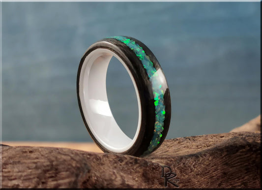 Bentwood Ring - Grey Sycamore w/Fire Turquoise Opal inlay, on polished white ceramic ring core - wood ring