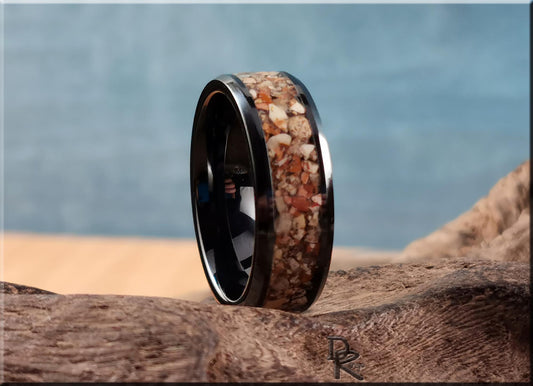 Polished Black Ceramic Channel Ring w/Picture Jasper stone inlay - ceramic ring