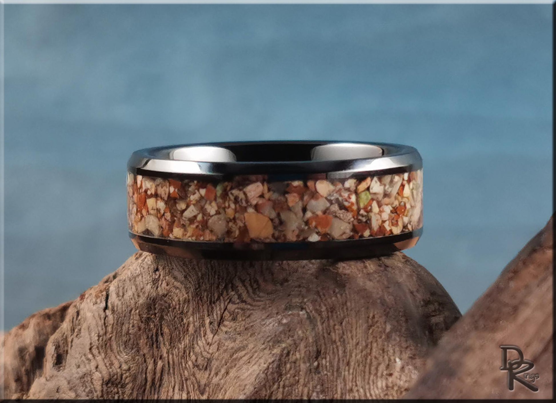 Polished Black Ceramic Channel Ring w/Picture Jasper stone inlay - ceramic ring