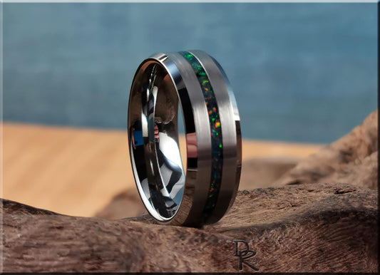Thin Line Tungsten Carbide Ring w/Opal inlay - metal ring
