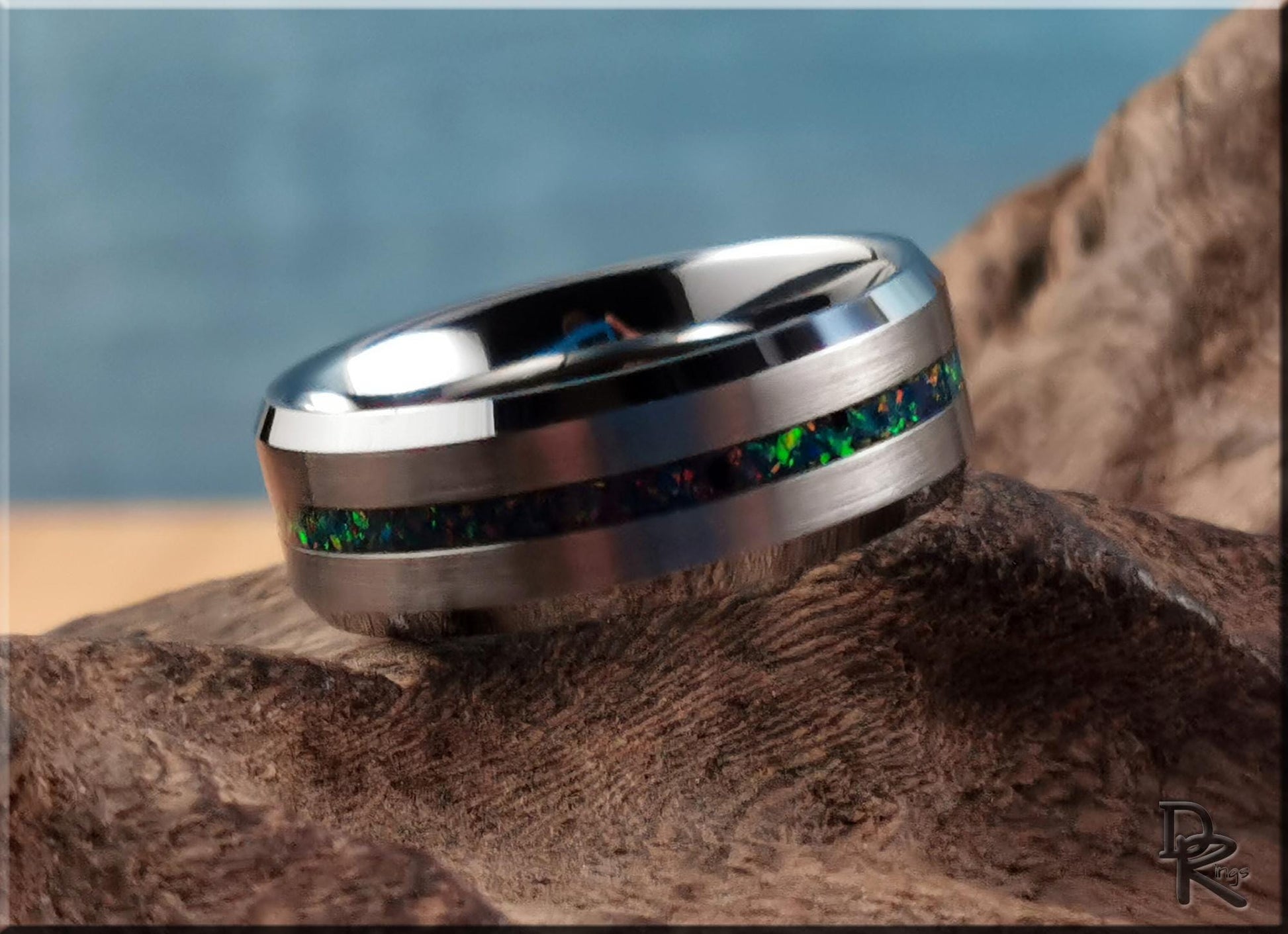 Thin Line Tungsten Carbide Ring w/Opal inlay - metal ring