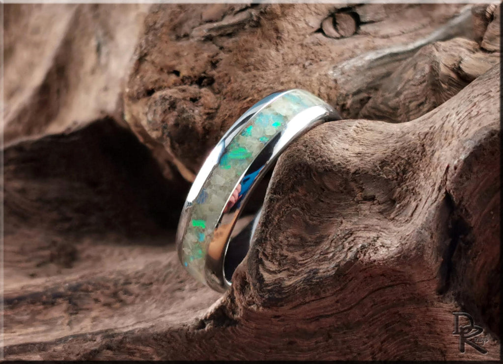 Domed Edge Tungsten Carbide Channel Ring w/Lemon Serpentine and Opal inlay - metal ring