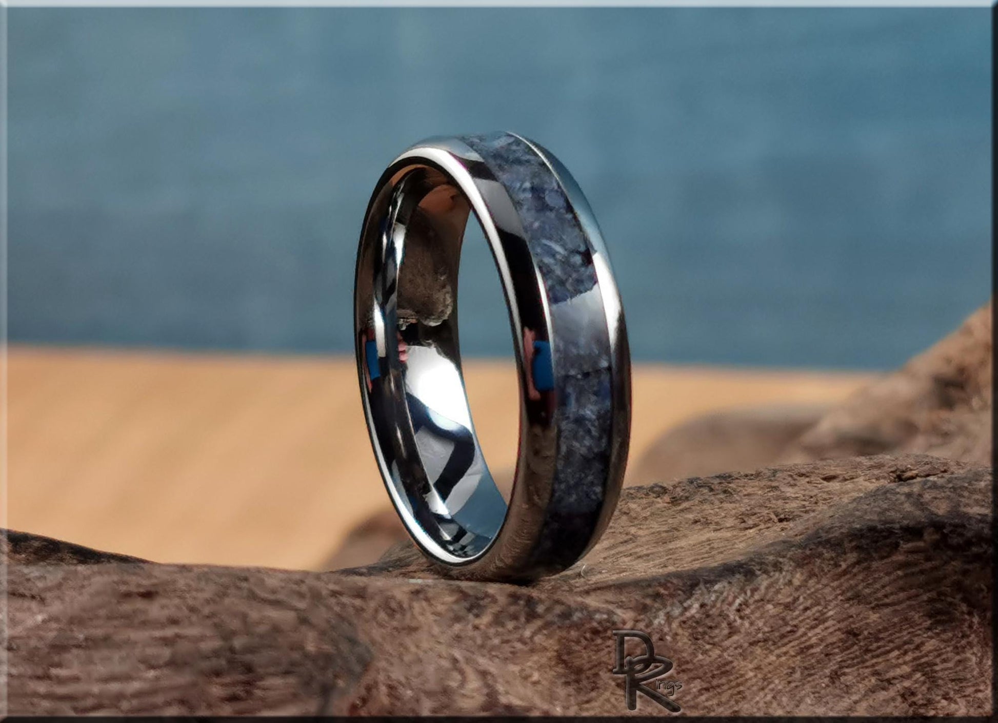 Domed Edge Tungsten Carbide Channel Ring w/Fossilised Blue Coral inlay - metal ring