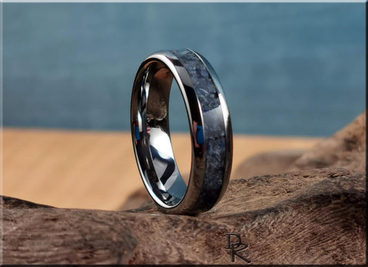 Domed Edge Tungsten Carbide Channel Ring w/Fossilised Blue Coral inlay - metal ring
