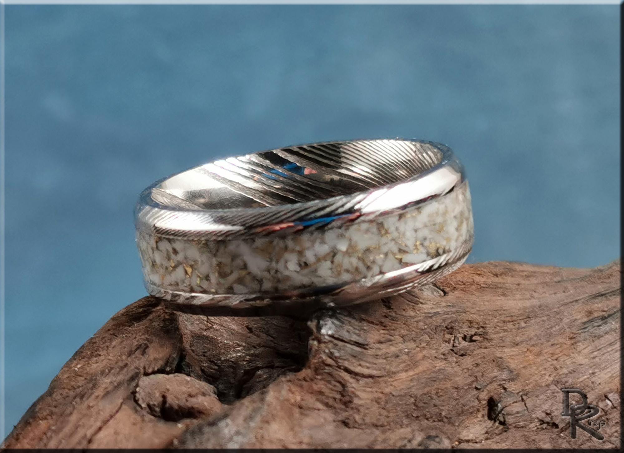 Damascus Steel Ring w/White and Gold TruStone inlay - metal ring