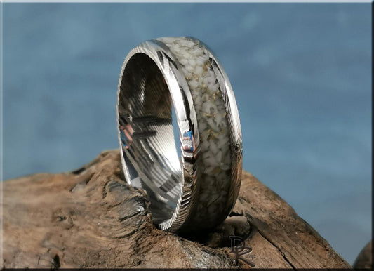 Damascus Steel Ring w/White and Gold TruStone inlay - metal ring