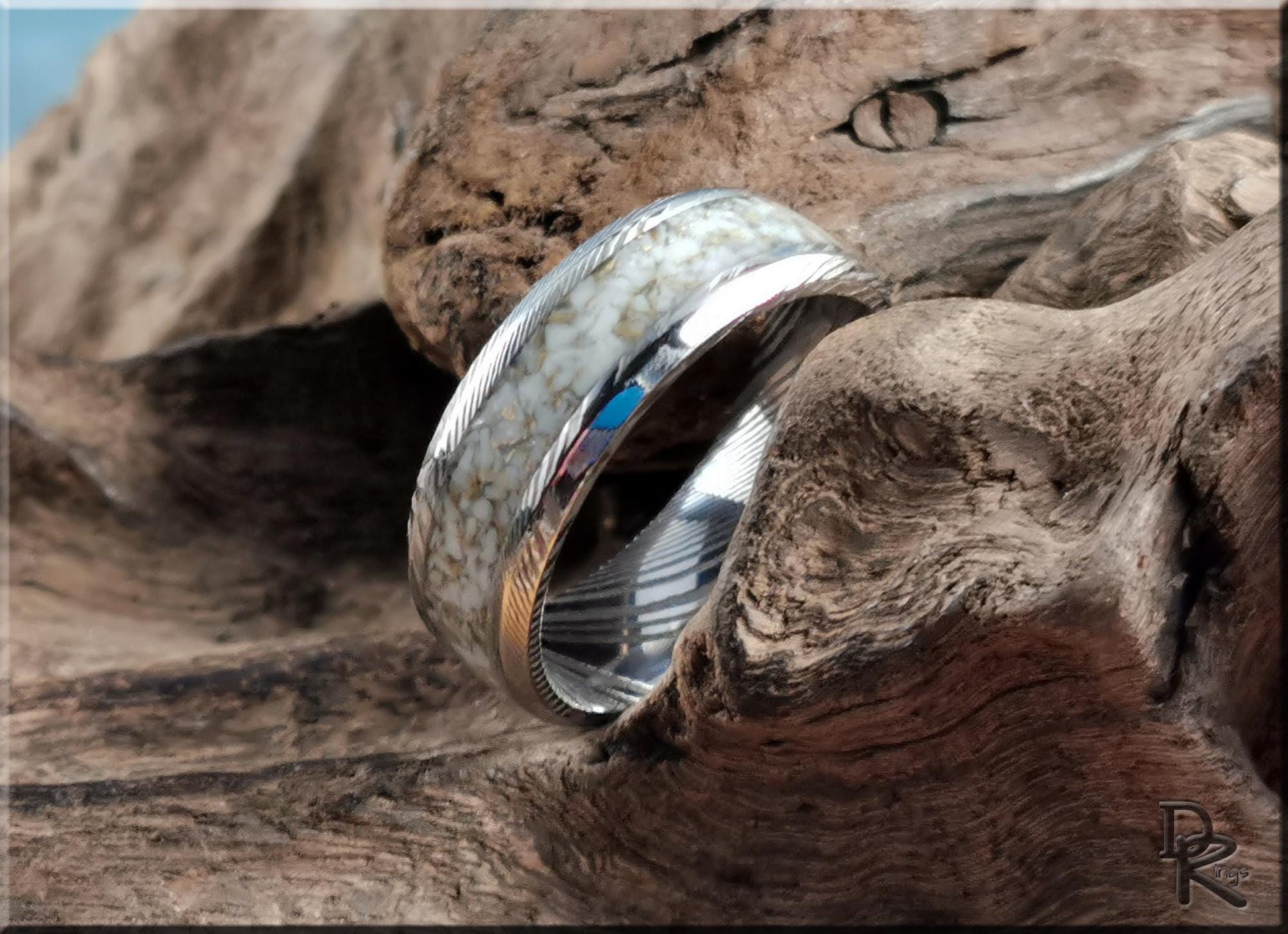 Damascus Steel Ring w/White and Gold TruStone inlay - metal ring