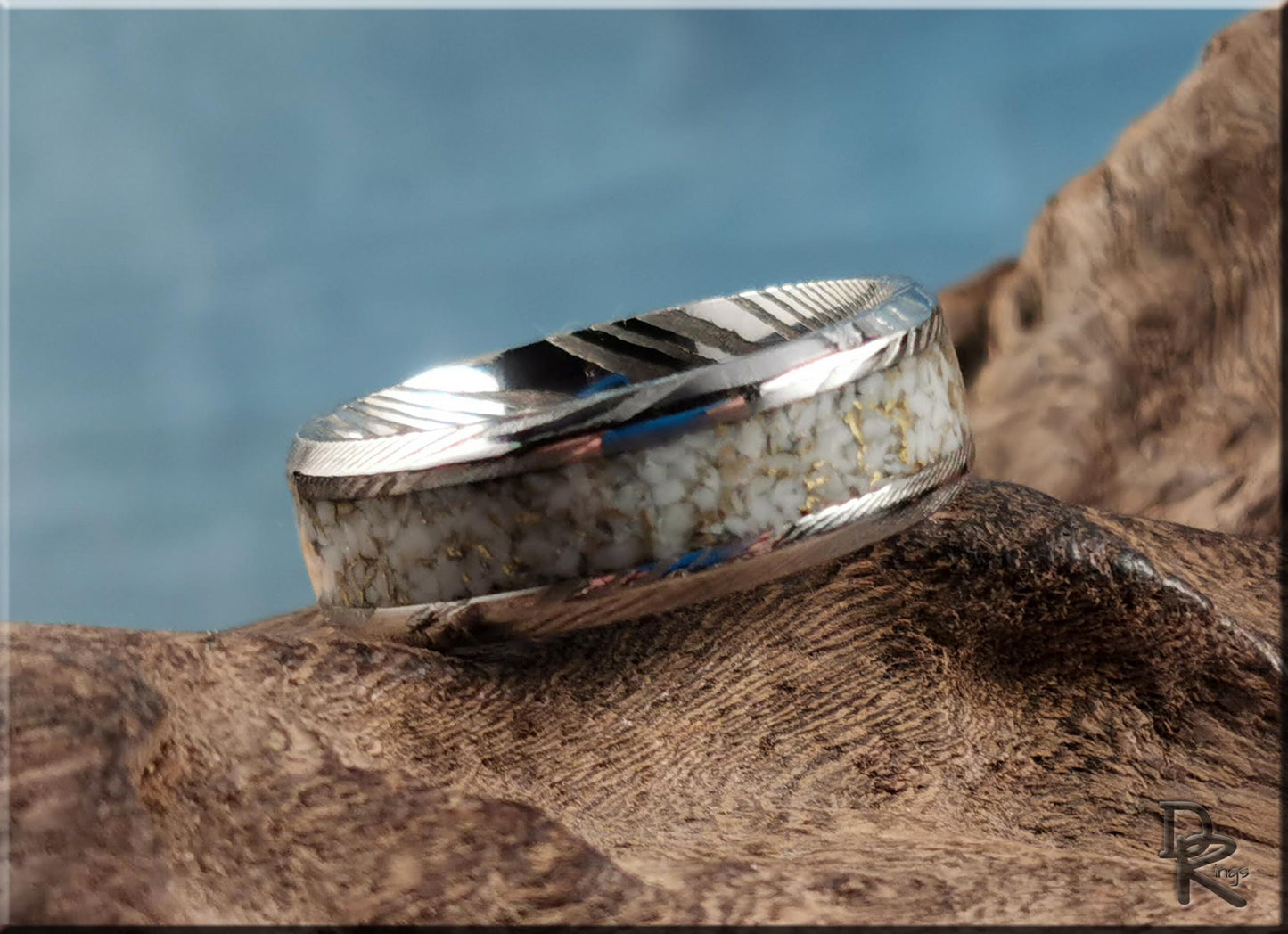 Damascus Steel Ring w/White and Gold TruStone inlay - metal ring