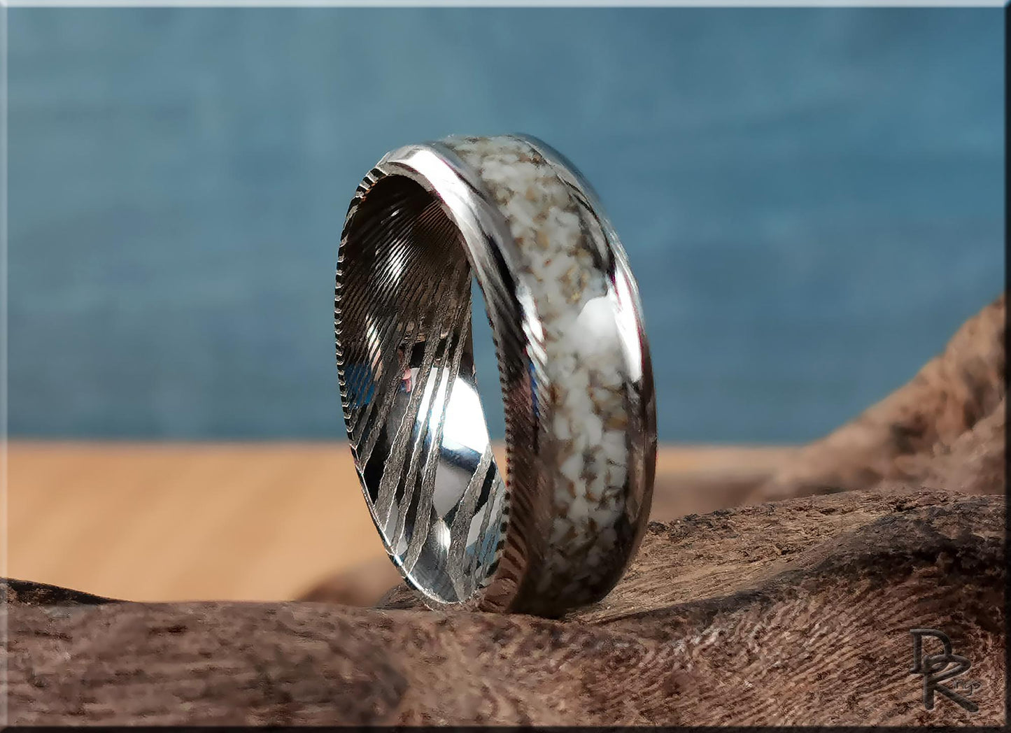 Damascus Steel Ring w/White and Gold TruStone inlay - metal ring