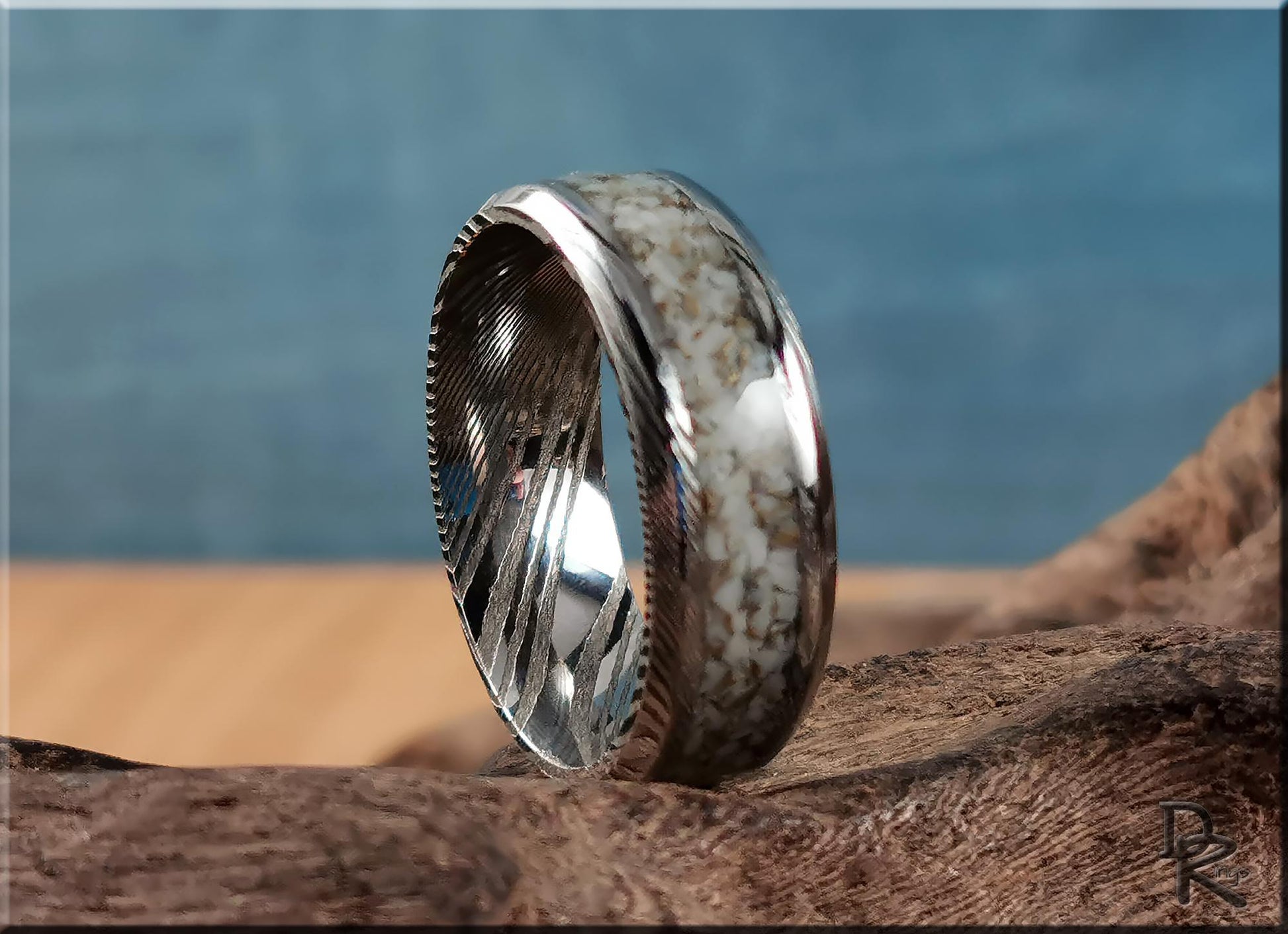 Damascus Steel Ring w/White and Gold TruStone inlay - metal ring
