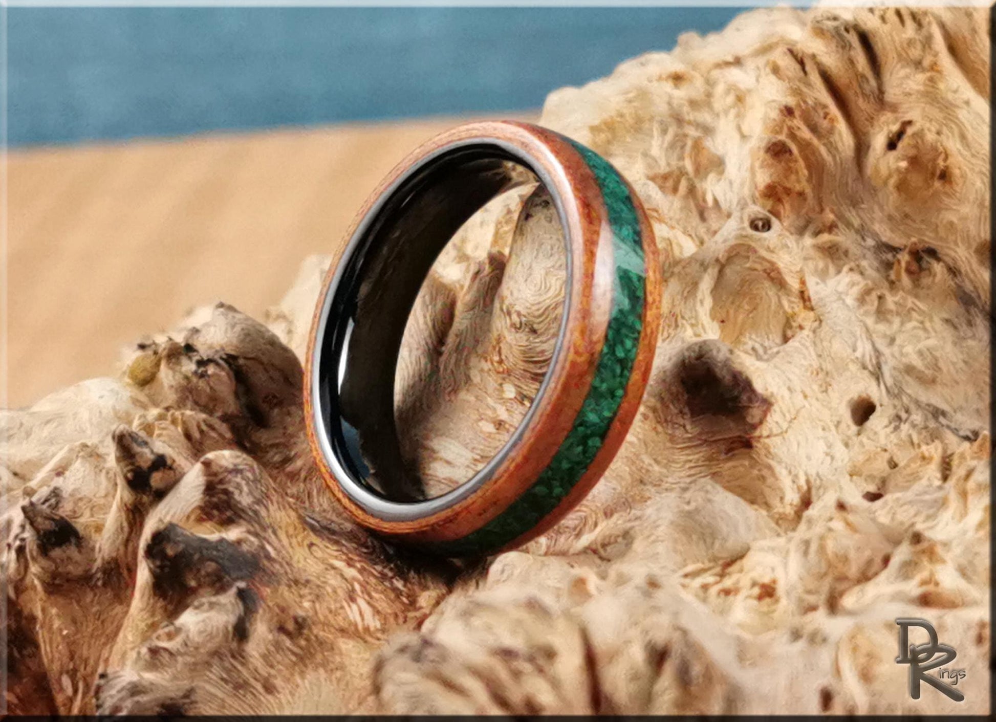 Bentwood Ring - Spanish Cedar w/Green Malachite stone inlay on polished black ceramic ring core - wood ring