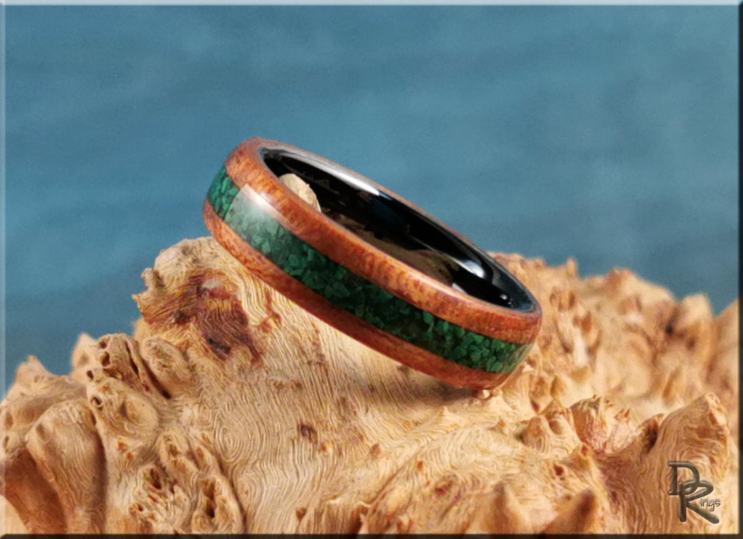 Bentwood Ring - Spanish Cedar w/Green Malachite stone inlay on polished black ceramic ring core - wood ring