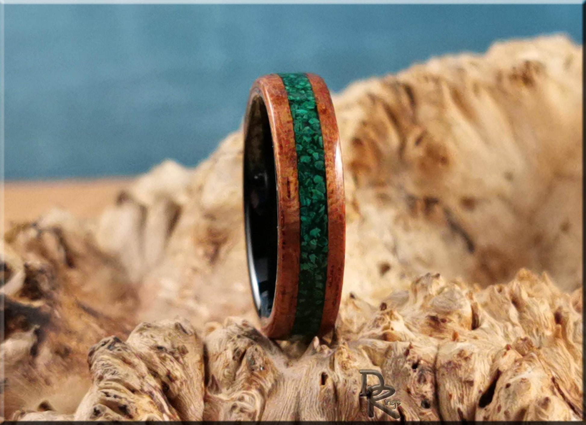 Bentwood Ring - Spanish Cedar w/Green Malachite stone inlay on polished black ceramic ring core - wood ring